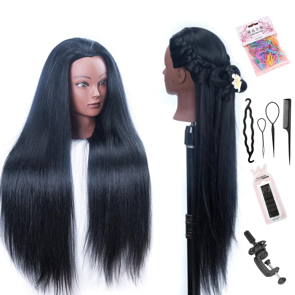 Mannequinhoofd met haar 26 inch (66 cm) Mannequinpophoofd Stylingmannequinhoofd Cosmetologiepophoofd Meerkleurig synthetisch vezelhaar Tafelklemstandaard_voghion.com