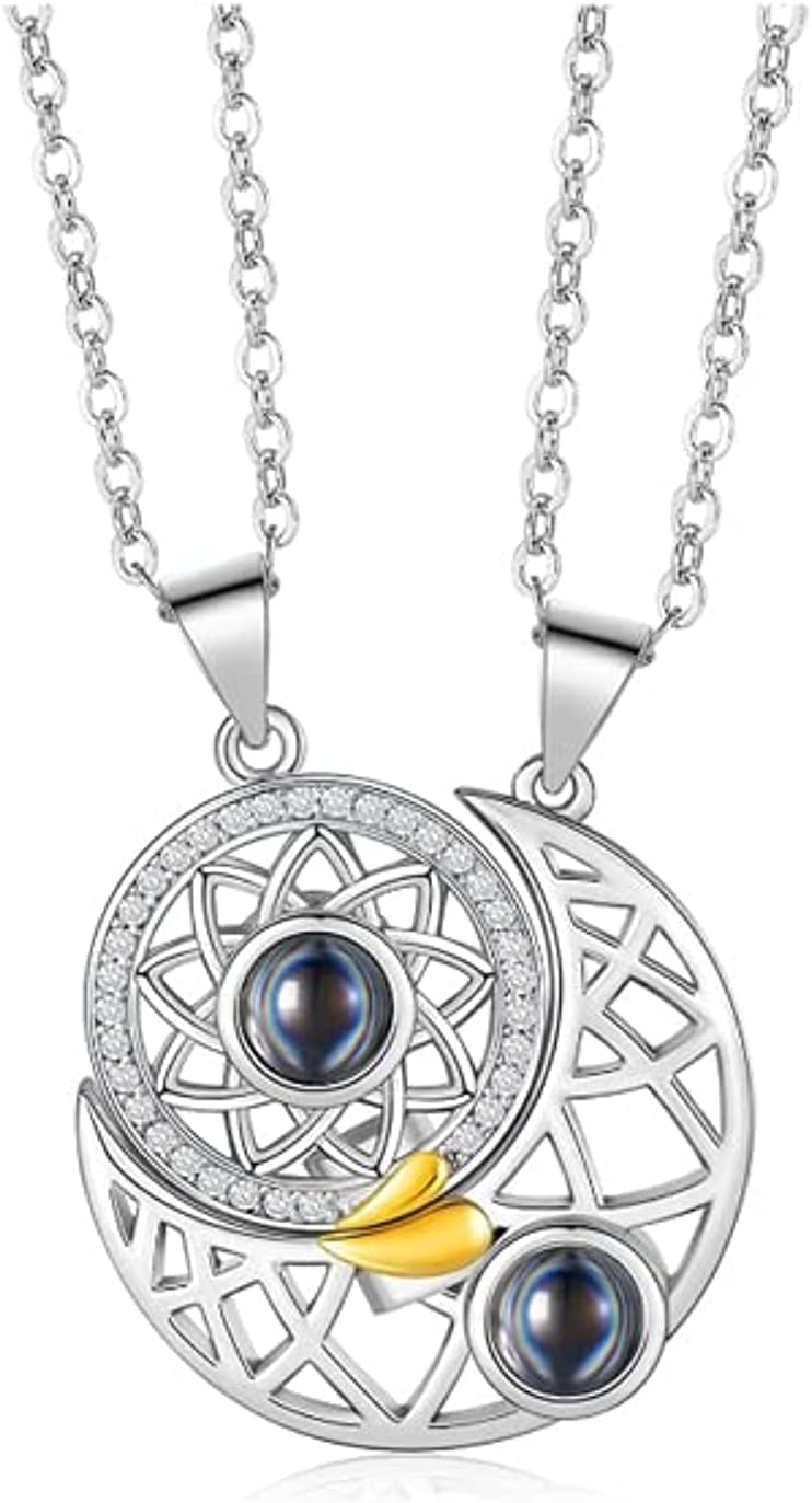 2 Pcs Sun and Moon Projection Necklace I Love You Necklace 100 Languages Magnet Matching Necklace for Women Mens Girls Bff Couple Friendship