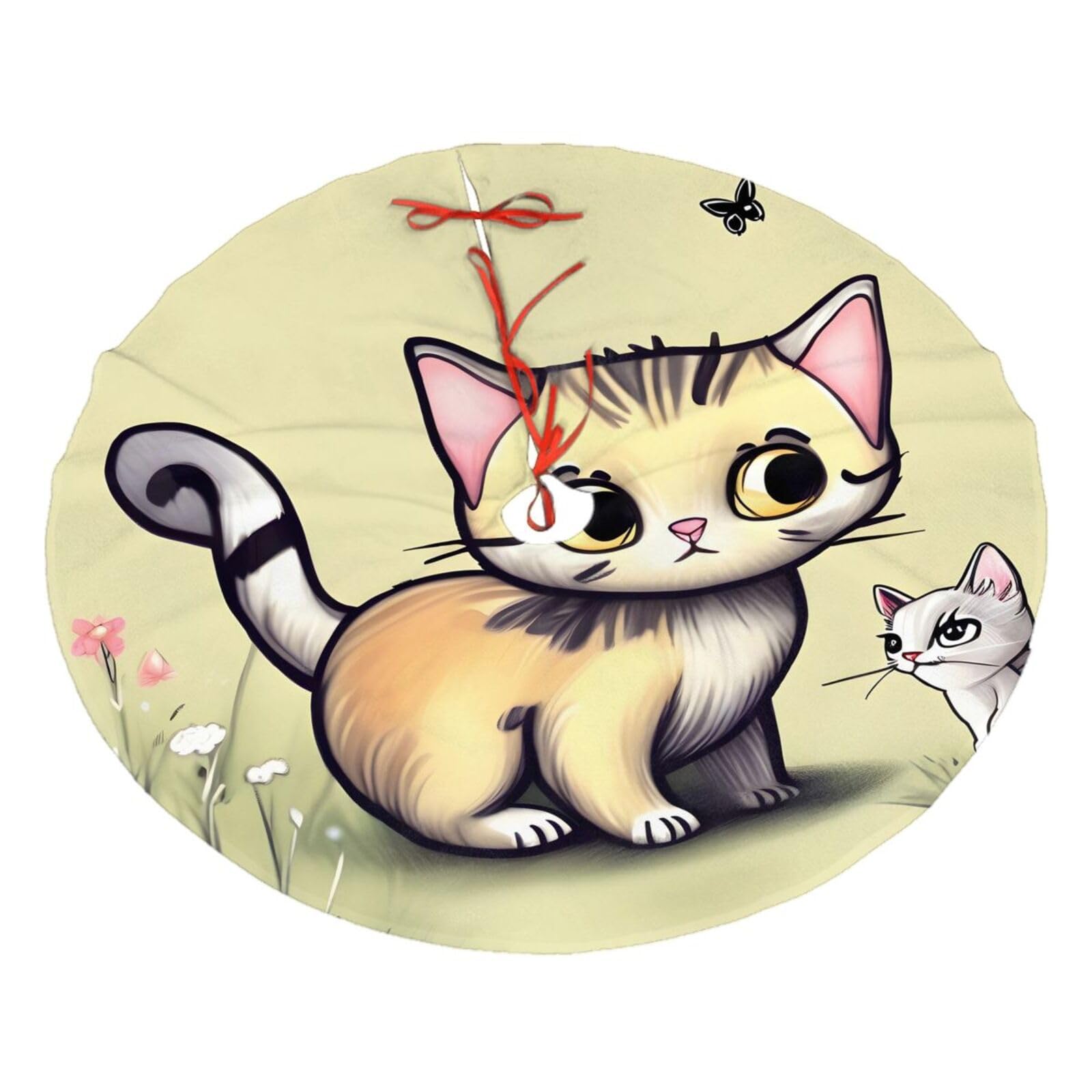Cat and Butterfly Printed Christmas Tree Skirt Christmas Plush Tree Skirt 48 inches (About 112.2 cm) Christmas