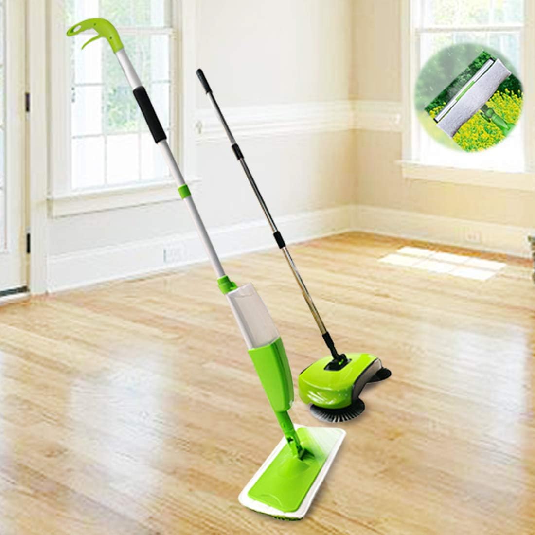 GIOVARA 3-in-1 Cleaning Kit Includes Spray Mop, Window Cleaner and Hand Push Sweeper Broom with Reusable Microfibre Pad and Dust Pan for Floor and Windows Cleaning