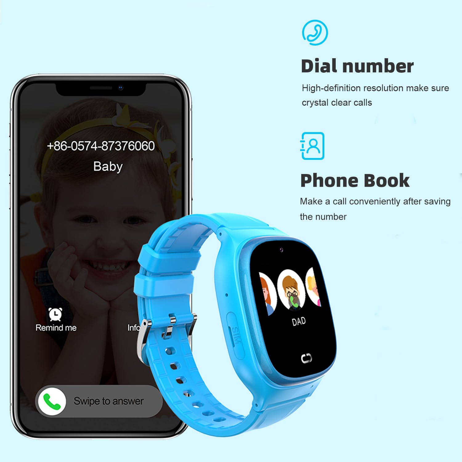 Reloj Inteligente LBS con Cámara SOS, Chat de Voz, Alarma 12 Horas, Tiempo 3-12 - Regalos de Cumpleaños para Niñas (Azul)