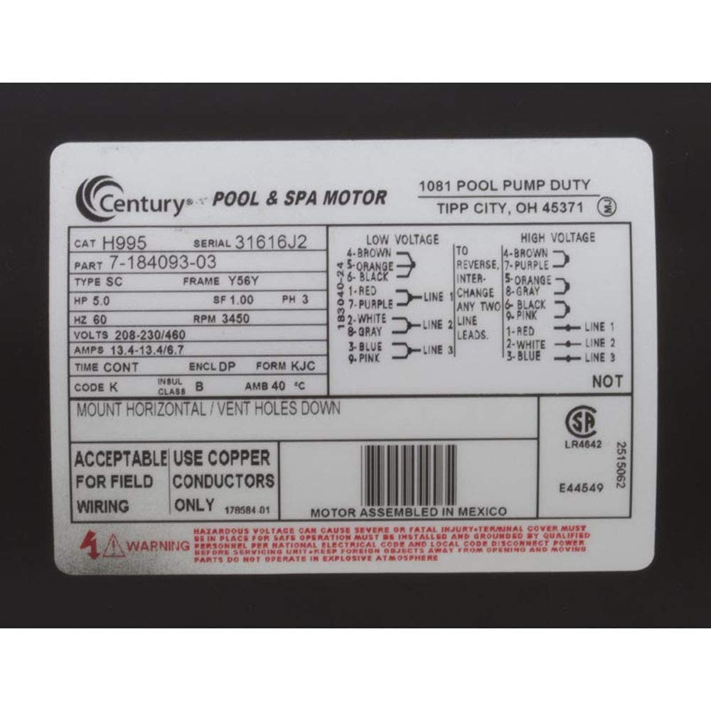 Amazon.com : A. O. Smith Motor, Century, 5.0hp, 208-230v/460v, SQFL, 56Y  Frame, 3 Phase, THD : Patio, Lawn & Garden