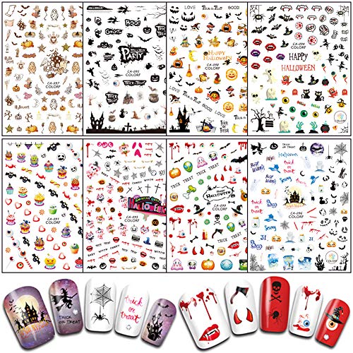 Halloween Nail Stickers Decals DIY Nail Art Tips Accessories 8 Sheets Pumpkin Witch Spider Bat Ghost Eye Nail Art Stickers Self-adhesive Designs Fingernails Toenails Decorations for Halloween Party