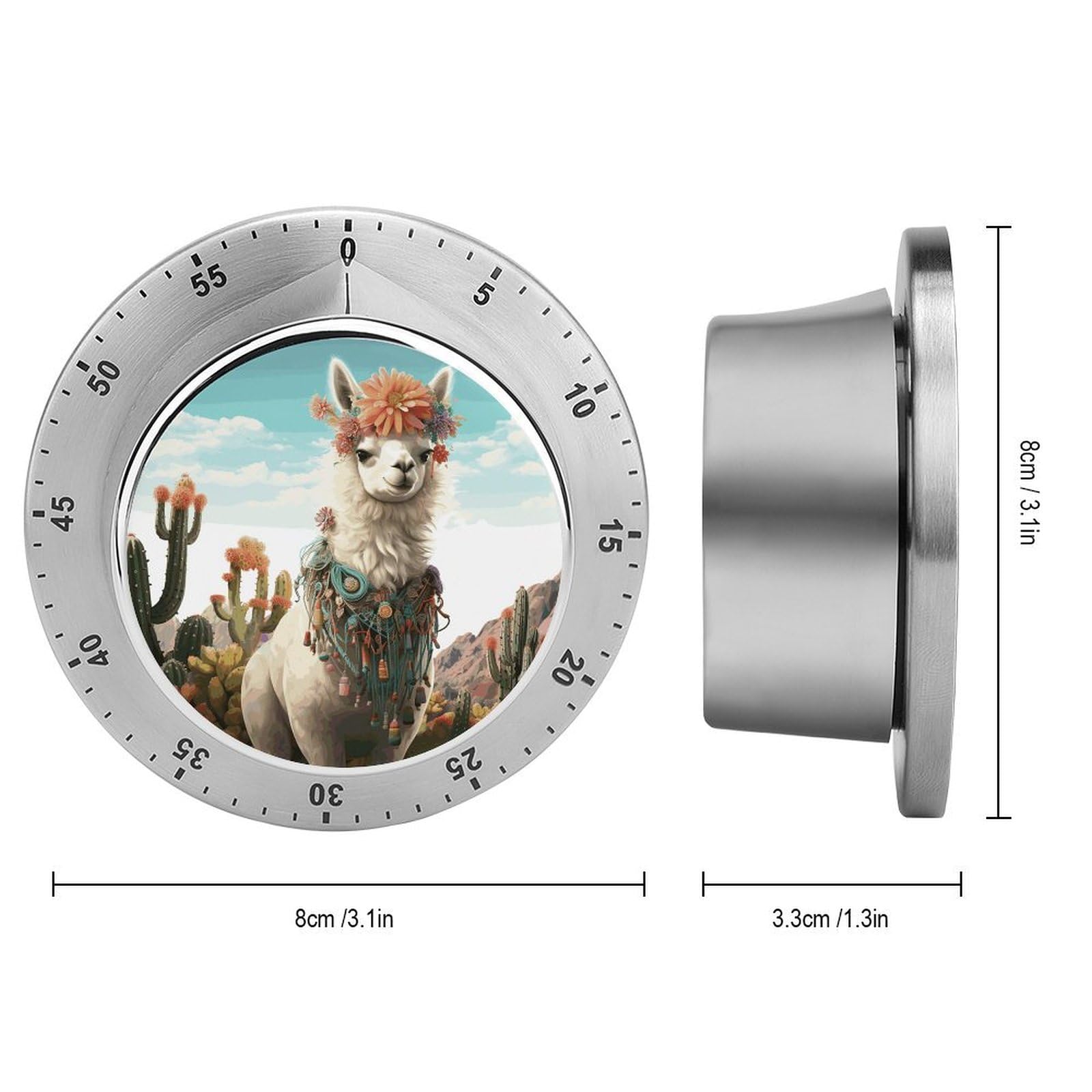 Mechanischer Edelstahl-Timer, Küchentimer, mexikanisches Lama, grün, bedruckt, Edelstahl, Countdown-Timer für Fitness-Projekte und Küchenaufgaben
