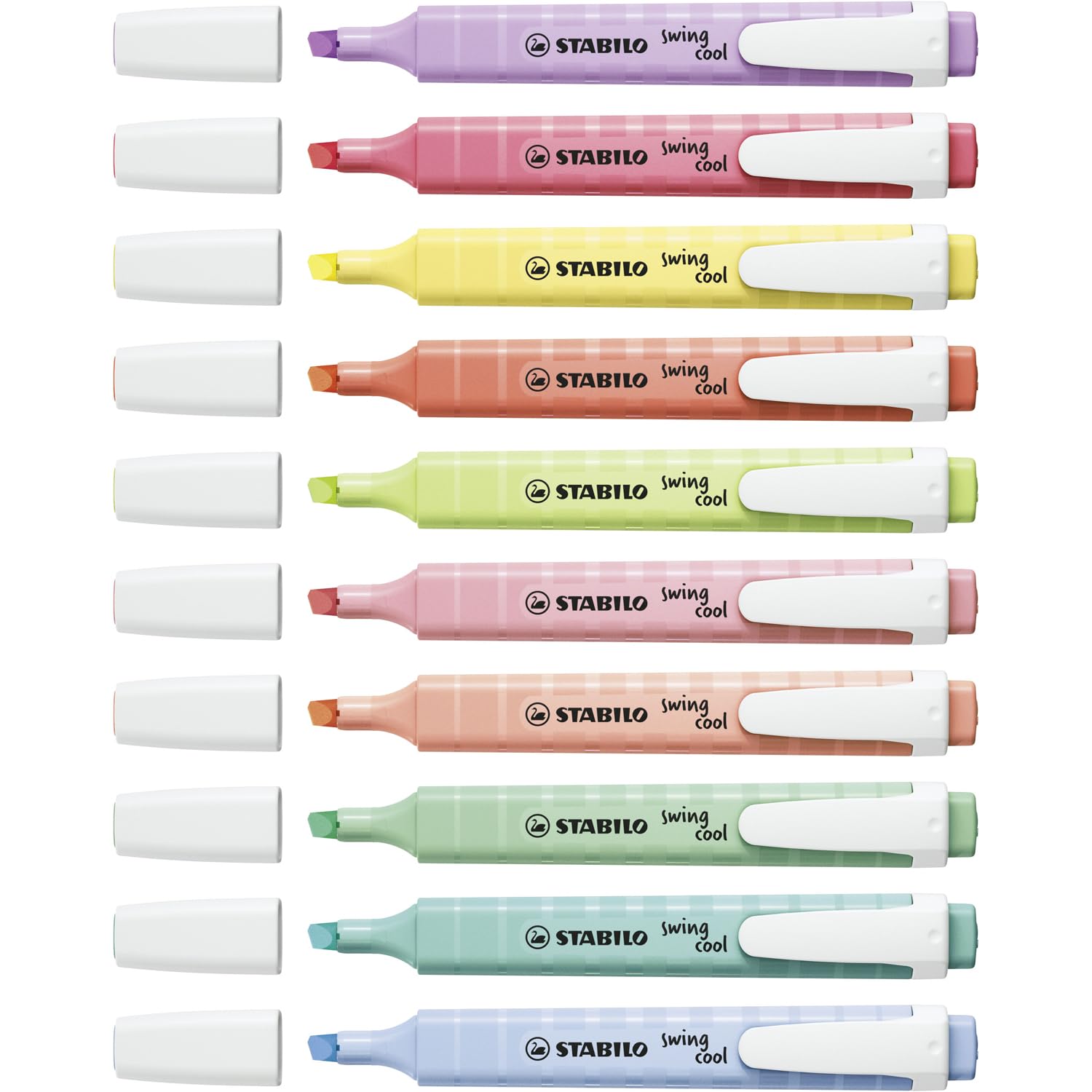 STABILO Zakreślacz swing cool Pastel - 5 x opakowanie 8 sztuk - Cloudy Blue, dotyk turkusu, nutka mięty, różowy rumieniec, odrobina limonki, łagodny koralowy czerwony, mlecznożółty, liliowy mgiełka