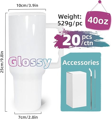 Miniatura 5 de AGH Vasos de sublimación de 40 onzas con asa, paquete de 20 tazas blancas aisladas con tapa y popote de acero inoxidable, reutilizable al vacío para