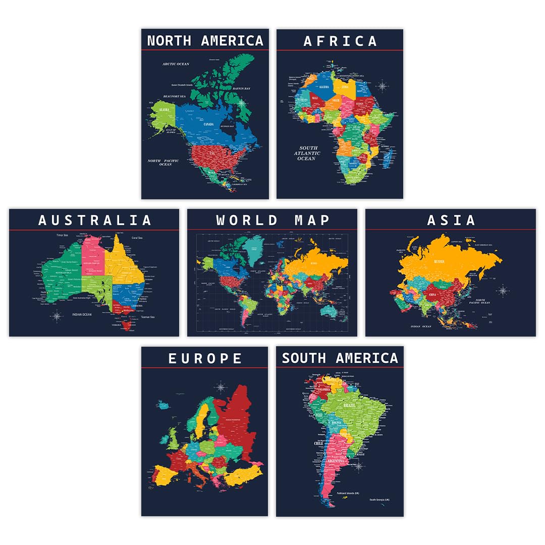 Lot de posters avec carte du monde et carte des États-Unis – Décoration murale éducative pour salle de classe – Continents bleus – Affiches d'aide à l'apprentissage visuel pour enfants et écoles –