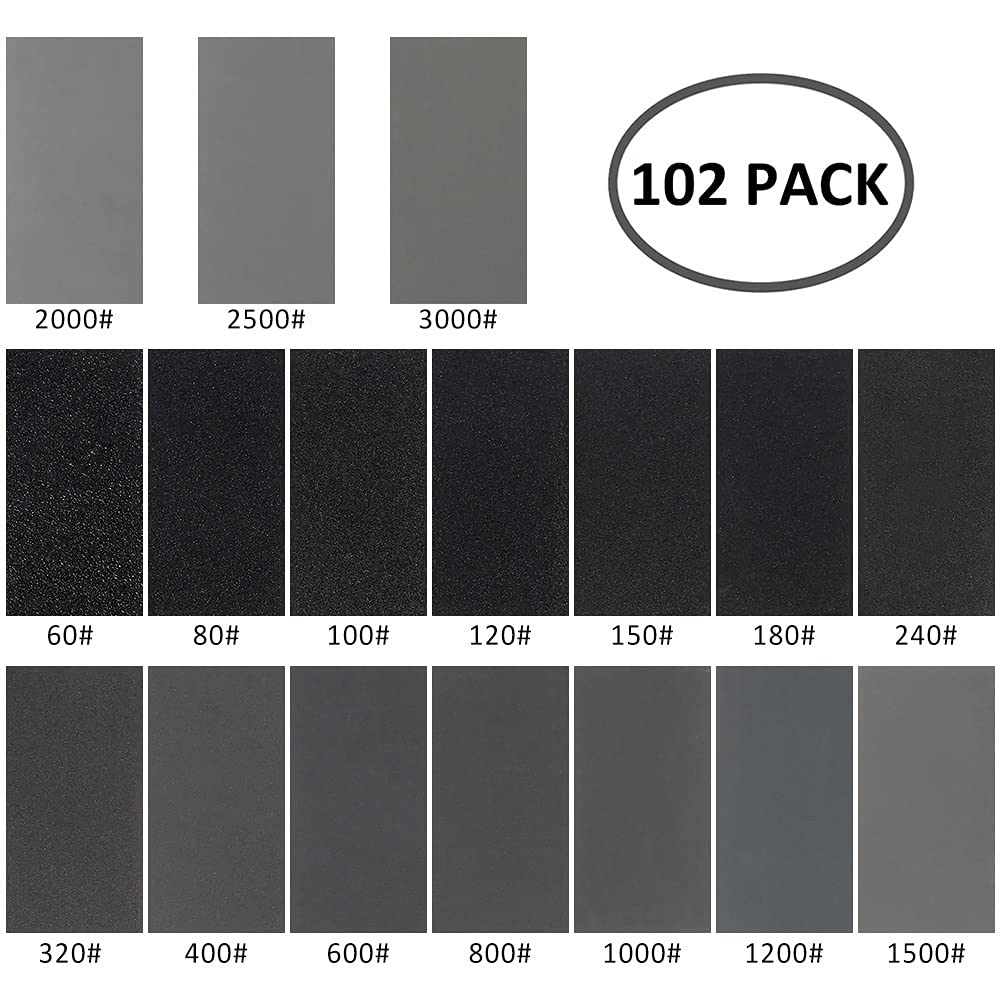 Papier de Verre Sec mouillé de 102pc 60 à 3000 Assortiment de Grains Feuilles de Papier abrasif for Le ponçage Automobile Feuille de Meubles en Bois