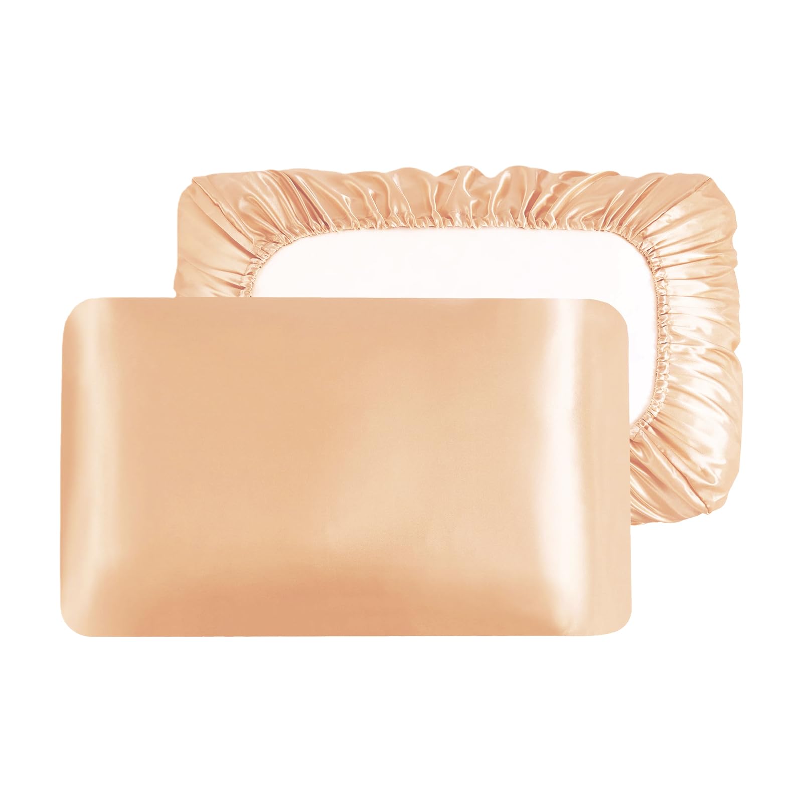 NICENEEDED 2 PCS Satin Pillow Cases, Travel Elastic Band Pillowcases, Champagne Color No Zipper Pillow Covers for Hair and Skin Protection Travel