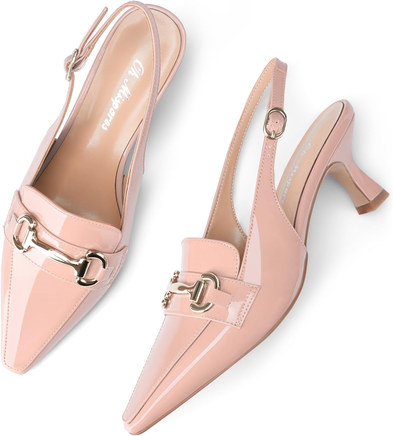Oh Mispares Women’s Slingback Pumps Closed Pointed Toe Low Kitten Heels Patent Leather Buckles 2.6 Inch Dress Shoes for Office Party Wedding - Image 6