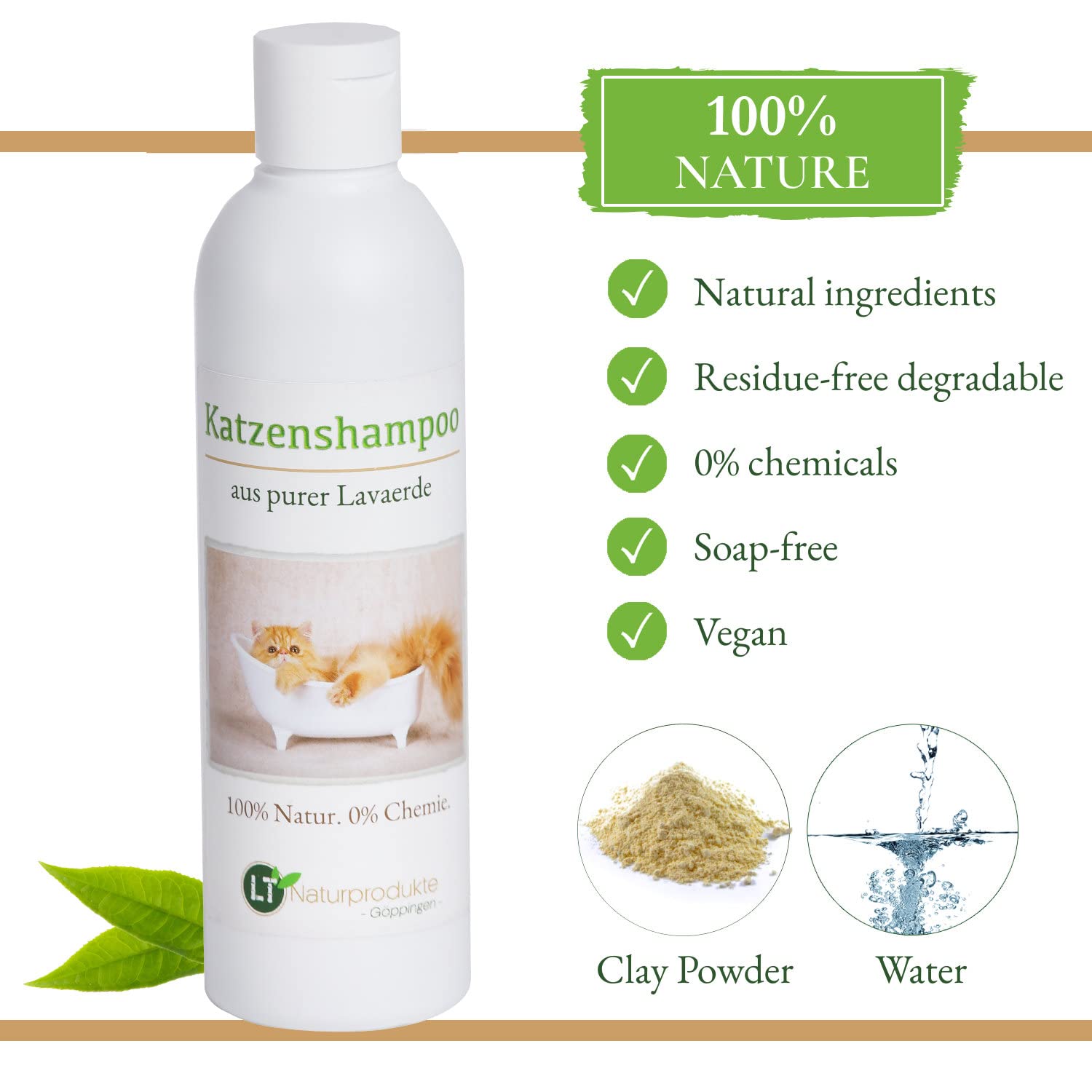 Shampoing pour chat | bio | sans substance chimique et savon | hypoallergénique | anti-démangeaisons | au ghassoul marocain | 250 ml | pour les poils courts et longs | pour un pelage brillant