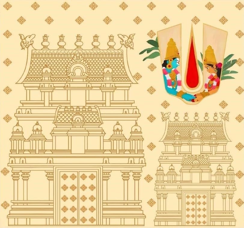 Image of varalakshmi Pooja Backdrop | Light Cream Backdrop with Temple Towers, a Sacred Red Namam, and Lord Venkateswara and Padmavathi Backdrop 8x8 Feet | Backdrop for Pooja