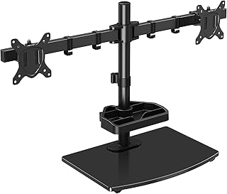 MOUNT PRO Dual Monitor Stand for 2 Screens up to 27 Inch, Freestanding Monitor Mount Holds Max 17.6 lbs, Adjustable Monitor Desk Mount with Tempered Glass Base & Storage Shelf VESA 75x75mm/100x100mm