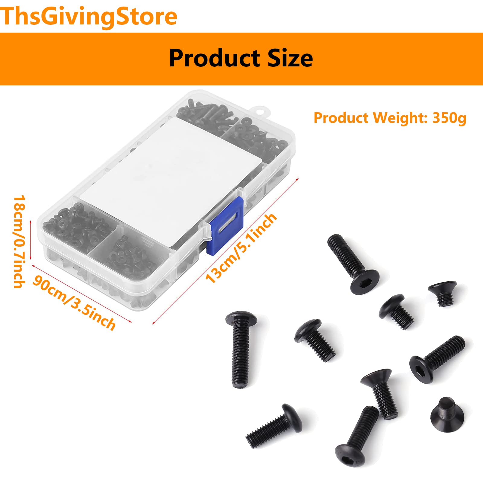 720-Piece M3 Screw Assortment Kit - Alloy Steel Torx Flat & Button Head Screws, Nuts, 4-12mm Lengths With Plastic Box - View #7