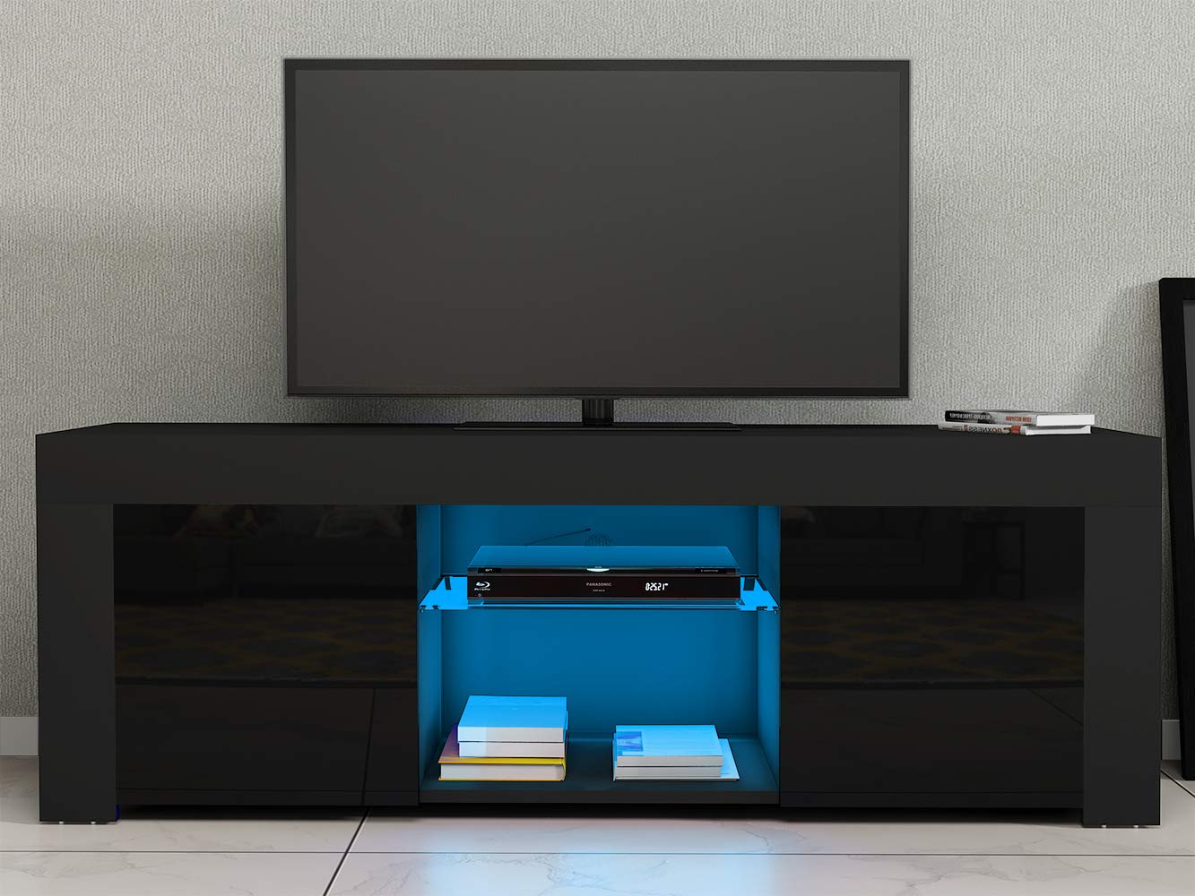 Panana TV Unit Cabinet Sideboard Glass Shelf Storage Modern Stand Matt Body and High Gloss Doors 120CM with 16 Color RGB LED Lights (Black)