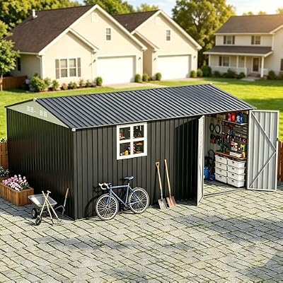 WKM Outdoor Storage Shed, Utility Metal Tool Storage with Lockable Doors and Updated Frame Structure, Metal Garden Shed for Backyard, Patio Lawn, Black, White (Black with Window, 10x14 FT)