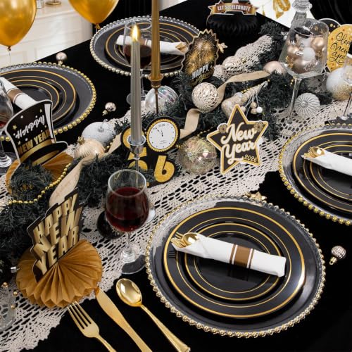 Image of WDF 200PCS Black and Gold Plastic Plates - Black Plates Disposable for Party - Heavy Duty Plastic Plate for Wedding /Party /Birthday /Halloween