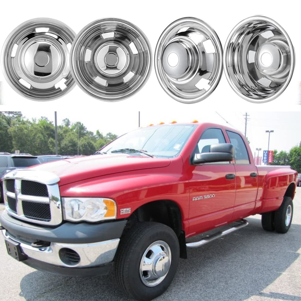 Puermto 4pcs 17 Protective Polished Stainless Steel Dually Wheel Simulators, Waterproof Replacements Bolt On Wheel Cover Removable Centre Cap,8 Lug Hubcap Fit for 03-18 Dodge Ram 3500 W/Install Tool