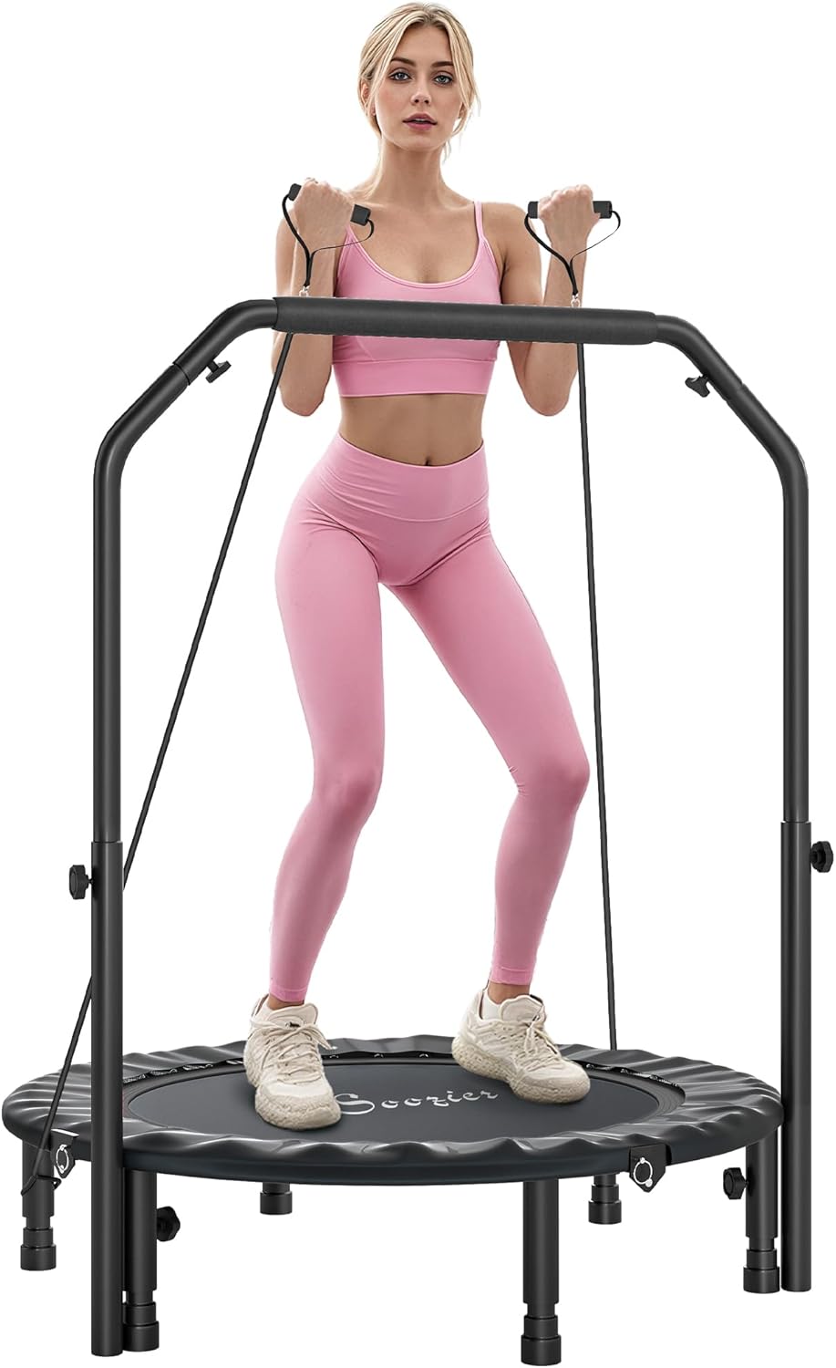 Soozier 40" Foldable Mini Trampoline, Rebounder Trampoline for Adults with Adjustable Foam Handle and Resistance Bands, Fitness Rebounder for Indoor Outdoor Workout, Max Load 330 lbs