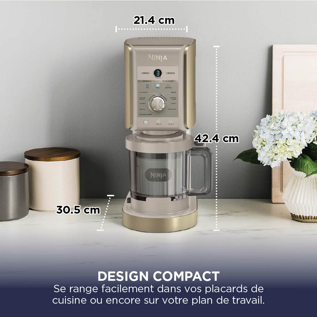 Ninja CREAMi Deluxe Machine a glace et sorbetière, 2 bacs, 10 fonctions, crème glacée, yaourts glacés, des milkshakes, des slush, Pièces amovibles lavables au lave-vaisselle, Stone/Or NC502EUSTGD