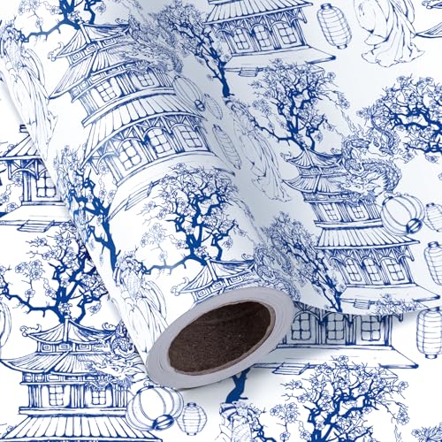 WRAPAHOLIC Blue White Floral Wrapping Paper - Mini Roll - 17 Inch x 16.5 Feet - Vintage Blue Toile De Jouy Tuscany Pagoda Design Perfect for Wedding Birthday Bridal Shower Tea Party