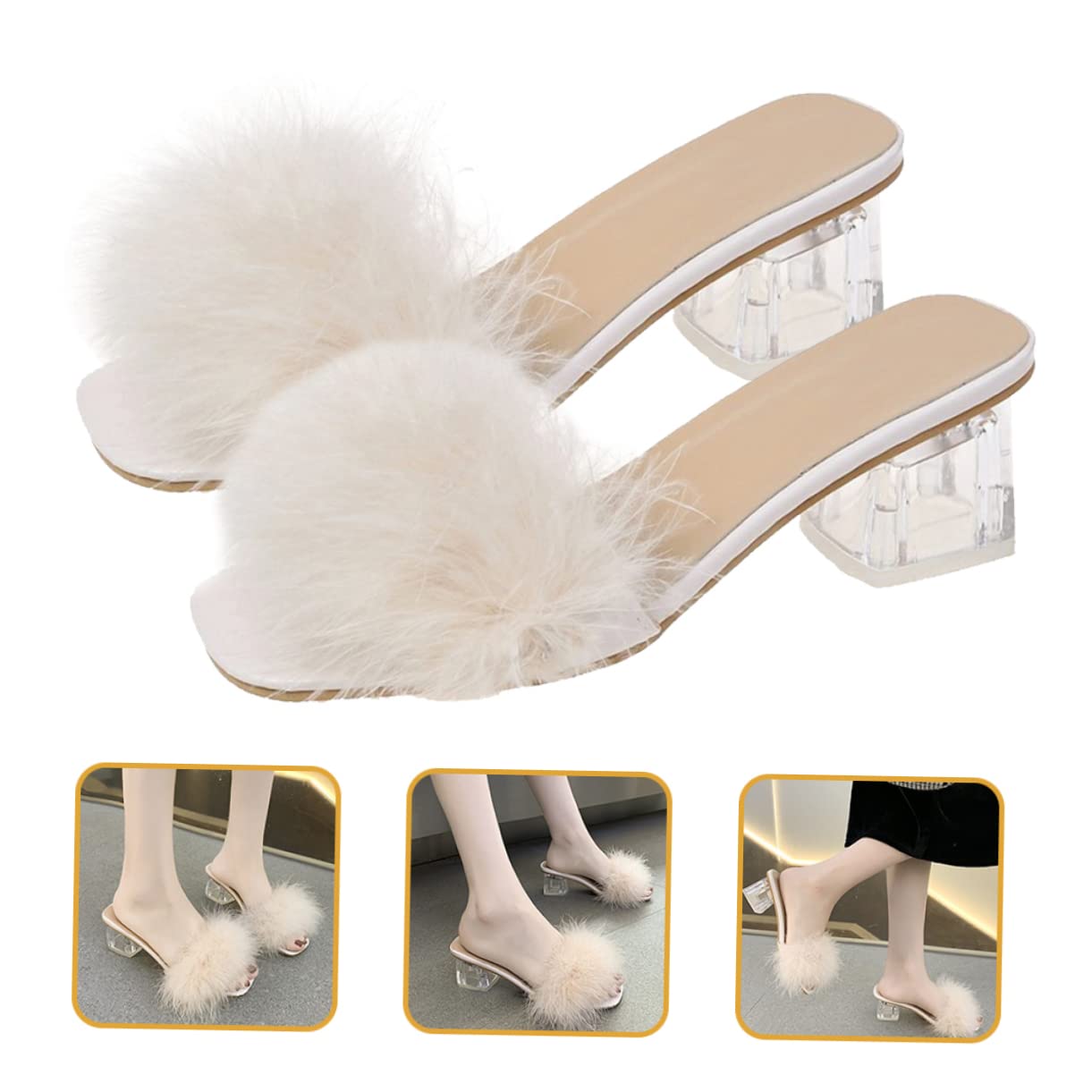 Ipetboom Pantuflas Peludas Tacón Transparente Talla 39 Beige para Mujer