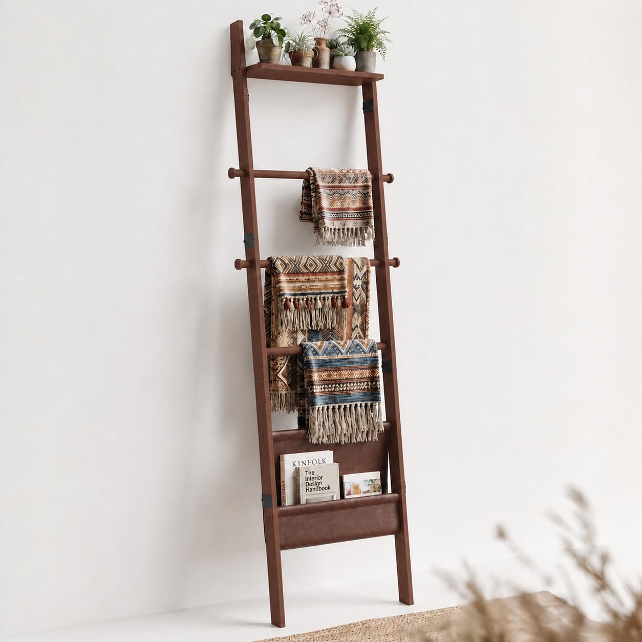 BAMBANG 71" 4-in-1 Blanket Ladder for Living Room, 5-Tier Leaning Bamboo Decorative Towel & Quilt Rack with Magazine Leather Pocket, 4 Removable Hooks, Space-Saving Shelf for Bedroom (Brown)