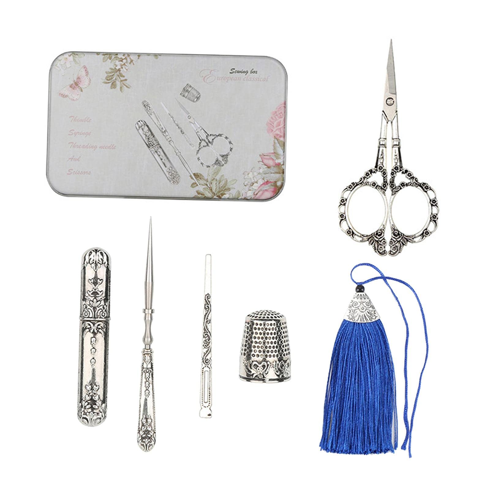 5 Teiliges Vintage Silber Scherenset für Sammler Oder Bastler, Inklusive Stickschere, Nähkästchen, Und Bastelzubehör, Pflaumenblüte
