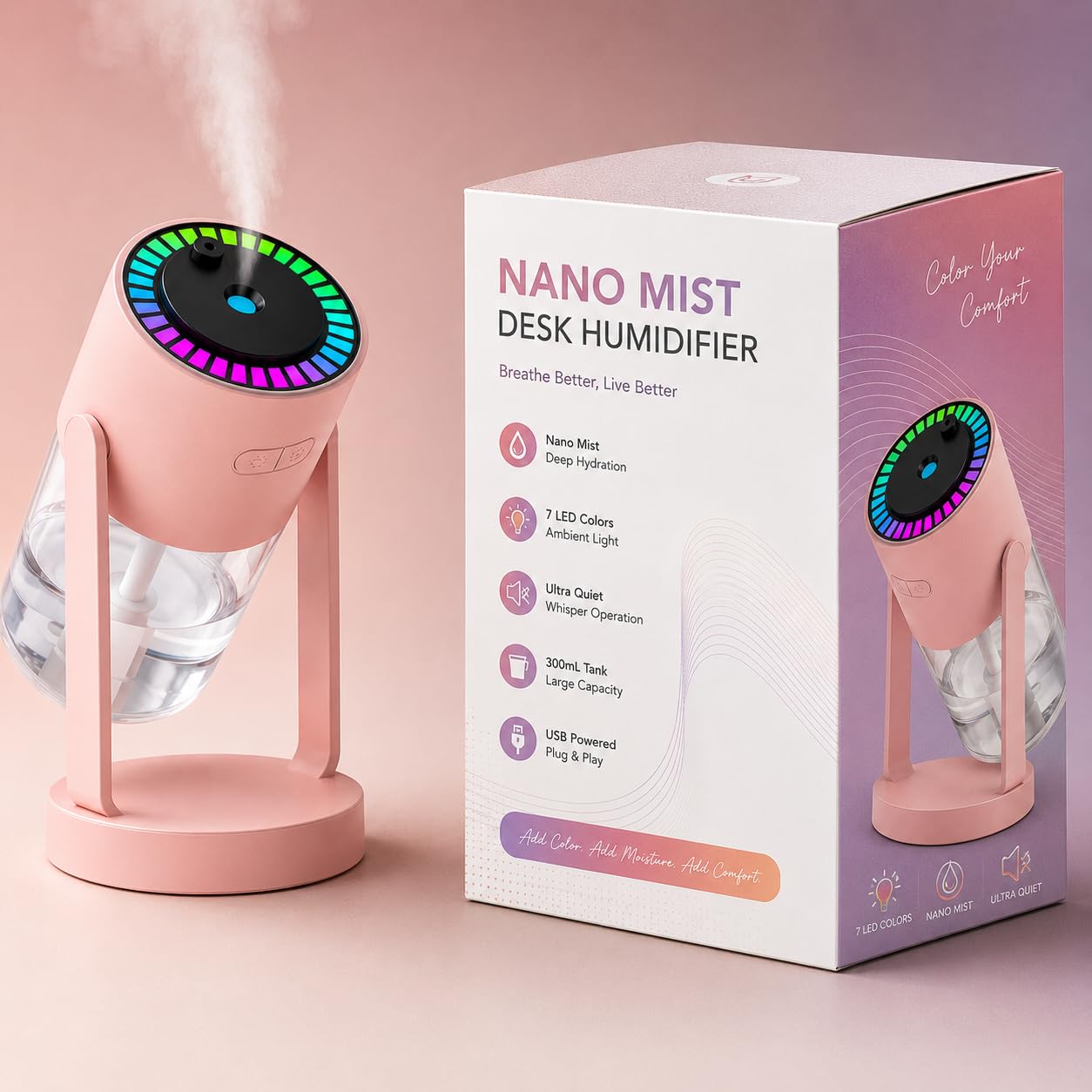 Nano Mist Desk Humidifier for Bedroom, Office and Travel, 200ml, Ultra Quiet with RGB Starry LED Light, 360 Rotating Nozzle, 2 Spray Modes, USB Powered, Pink-image-38