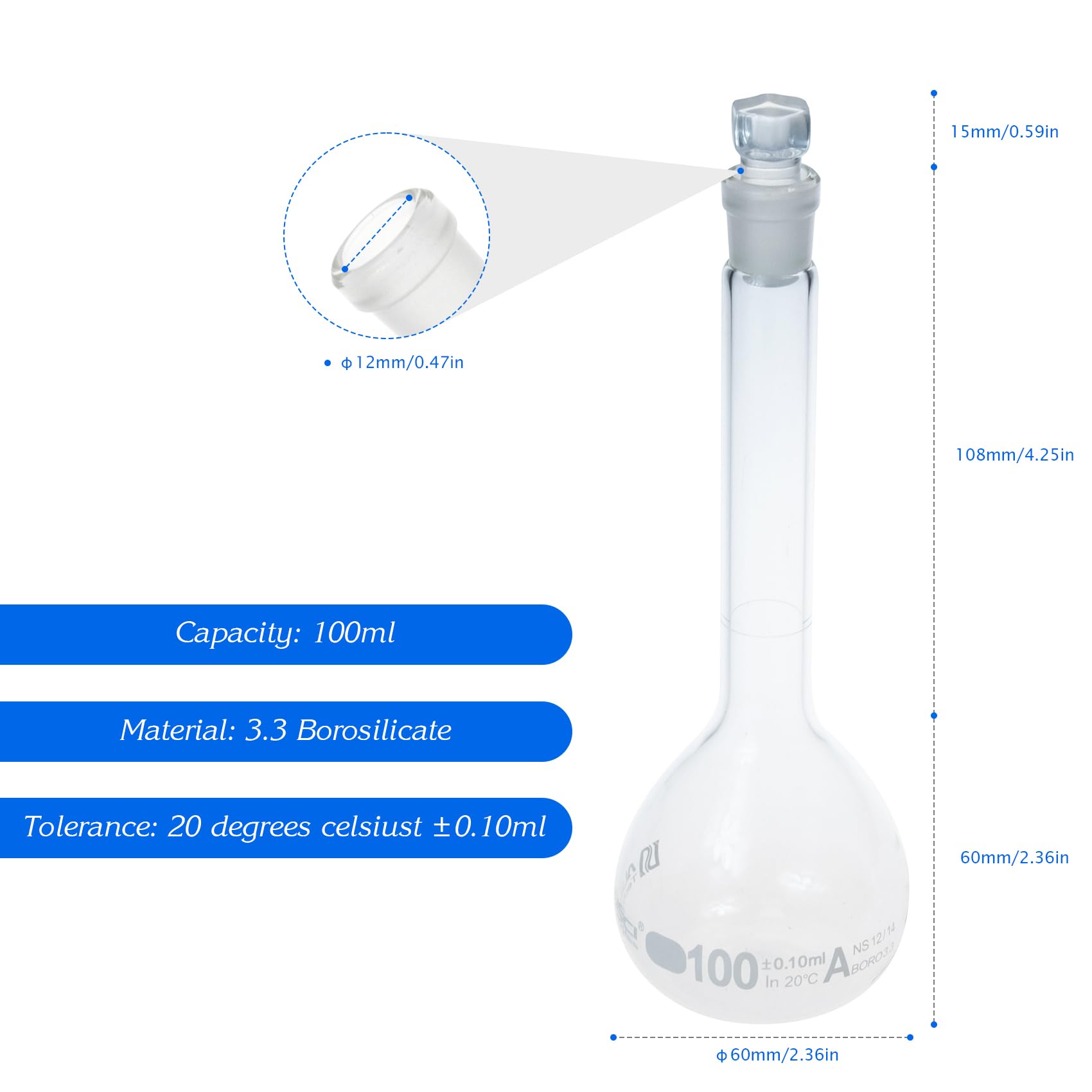 ALWSCI 2 Stück 100mL Volumetrische Kolben, Globusglas mit Glasstopfen, 3.3 Borosilikatglas, Klasse A, weiße Graduierung, Messkolben für Labor Schulprojekt