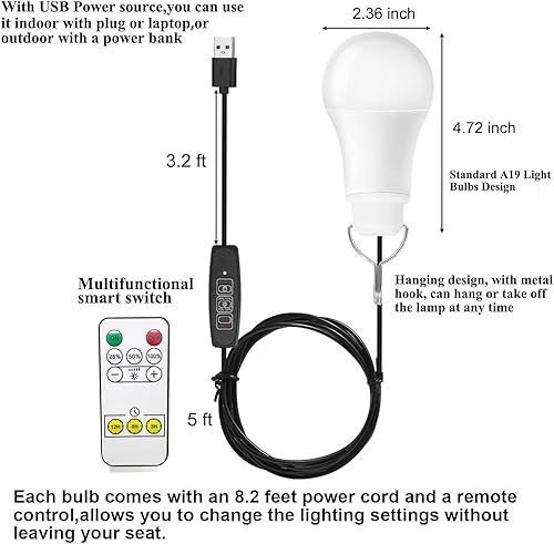 Miniatura 3 de Taysing Luz USB, lámpara USB, luces de campamento, 7 W, luz de emergencia portátil colgante regulable para estación de energía, cargador de panel