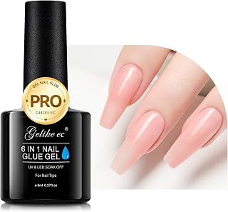 Gelike EC Peachy Jelly Nail Glue Gel - 6 in 1 Extra Strong Clear Acrylic Nails - Long Lasting Extension Adhesive UV Nude Pink Nail Glue for Clear Press On Nail Tips - UV Cure Required