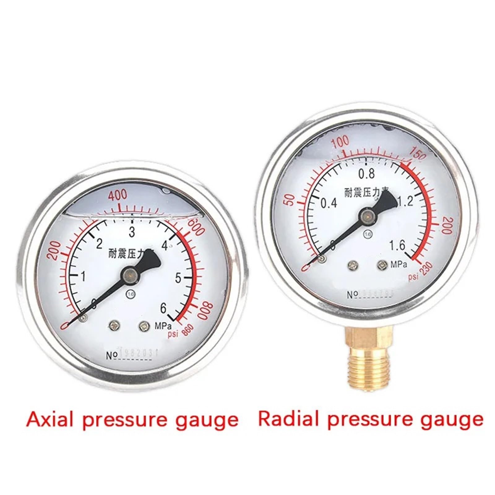 Manómetro de presión de vacío manómetro de Agua Manómetro de presión de 60 mm de diámetro, a Prueba de Golpes, Radial, de vacío Negativo, de Clase 1,6, Escala Doble(0 1.6Mpa)