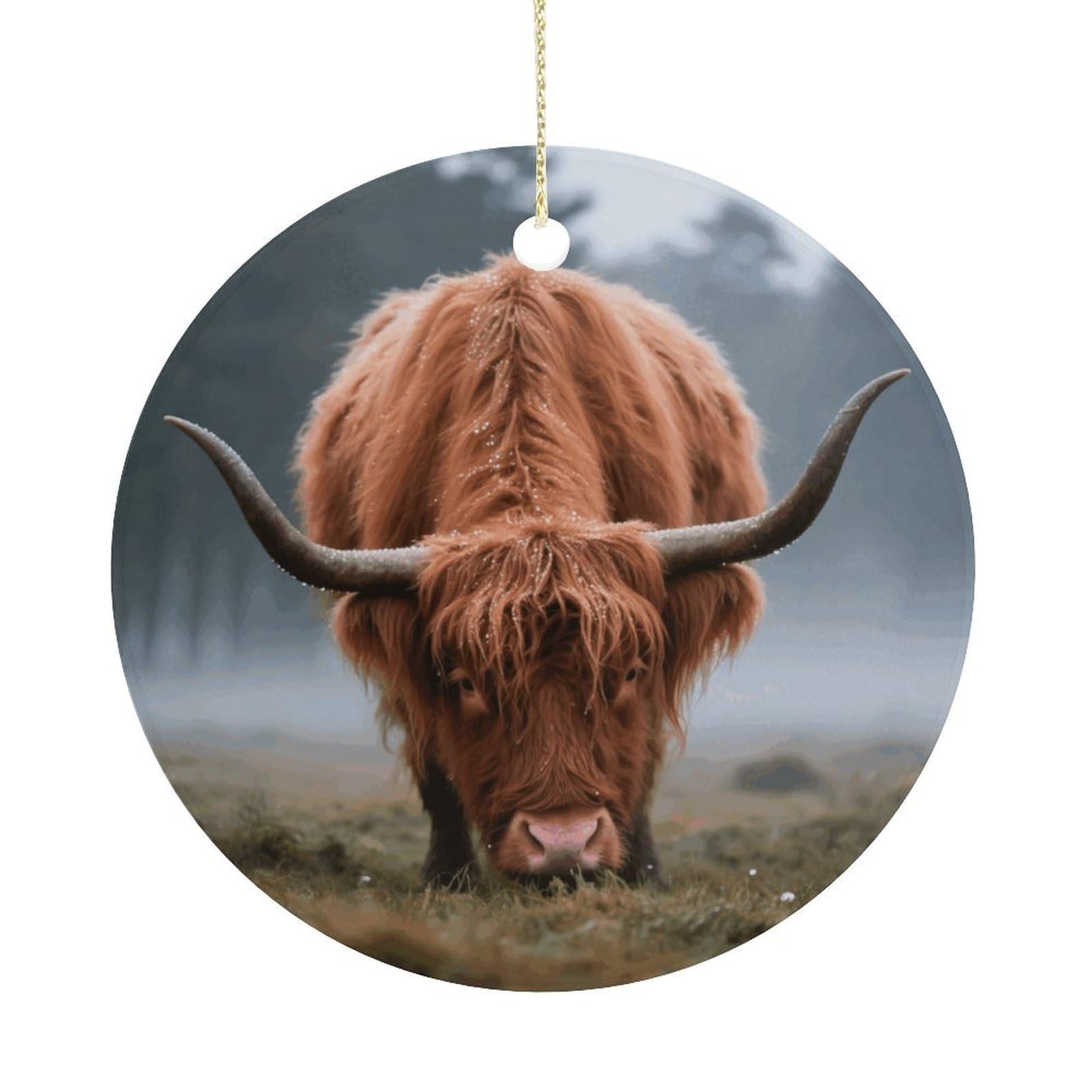 Personalized Christmas Ornaments 2025 Ceramic Hanging Highland Cow Ornaments with Gold String Double-Sided Vintage Holiday Decorations for Tree Mantel Tabletop Xmas Party Favors