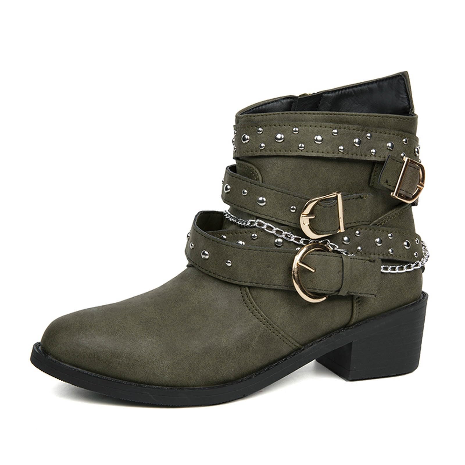 Stivaletti da donna, con tacco a blocco, autunno, inverno, da donna, con fibbie, vintage, da cowboy, tinta unita, con chiusura lampo laterale