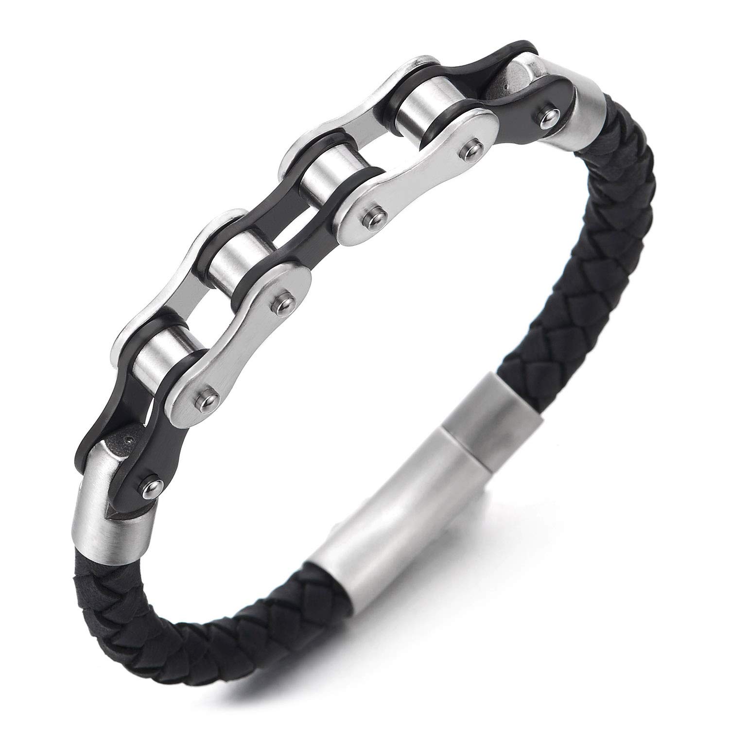 COOLSTEELANDBEYONDAcero Bike Chain Cadena Bici Motocicleta Pulsera, Negro Cuero Trenzado Brazalete de Hombre, Cierre Mosquetón