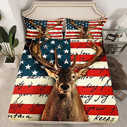 American Flag Bed Sheet For Kids Boys Girls,Vintage Deer Elk Wild Animal Sheet Set Twin,Geometric Star Stripes Bedding Set Home Room Decor,Hunting Animal Fitted Sheet + Top Sheet + 1 Pillowcase #TOP1