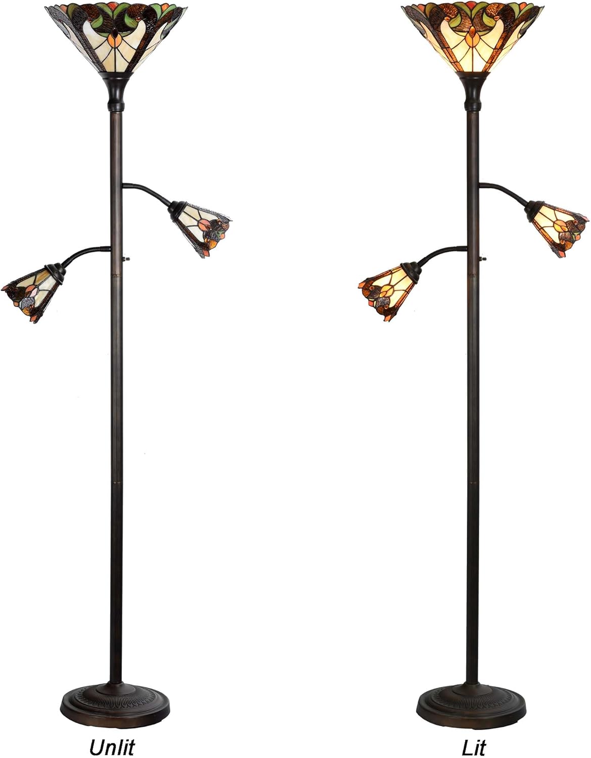 Bieye Lámpara de pie estilo Tiffany con tres luces y luces de lectura ajustables para sala de estar, 178 cm de alto. (Marrón, Barroco) Marrón Barroco