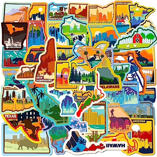 50PCS US States Stickers, USA Map Stickers, Icicrim Outdoor Travel Hiking Waterproof Vinyl Stickers for Water Bottles Laptop Phone Luggage Scrapbook Journal