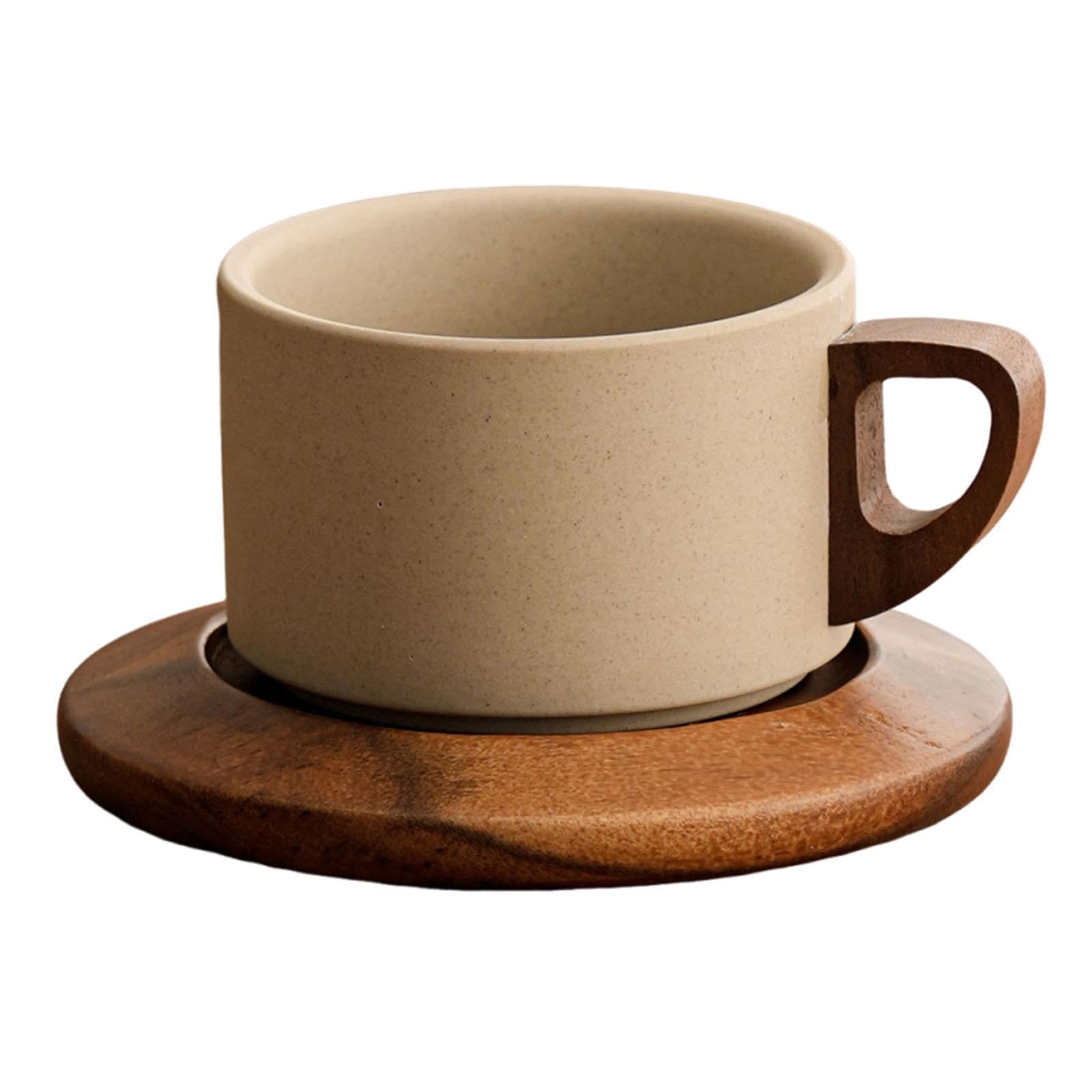 Tasse à café rétro, tasse à café en porcelaine, avec sous-verres en bois