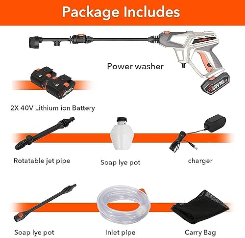 Miniatura 7 de ROCKPALS Pistola de lavado a presión inalámbrica, 2 baterías de 40 V máx. 870 PSI Lavadora eléctrica con accesorios, limpiador de energía portátil