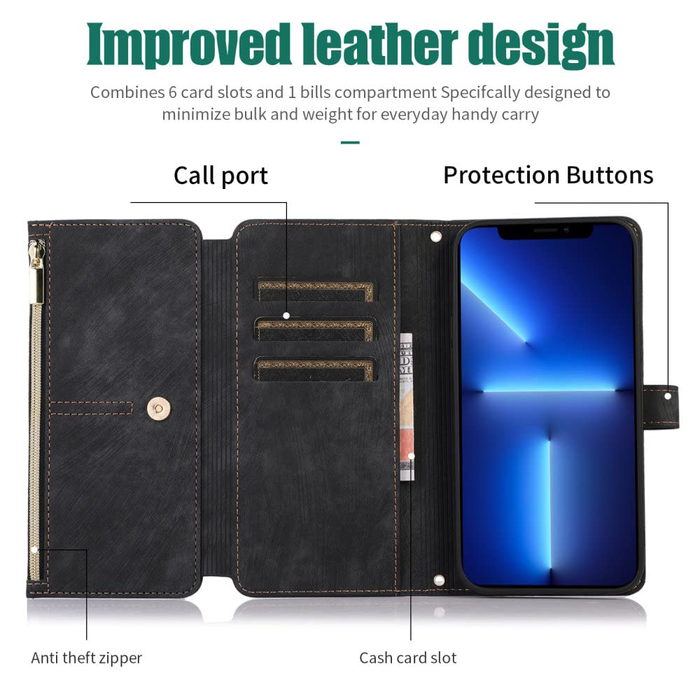 Funda para teléfono con Billetera con Cremallera Cruzada para iPhone 15 14 13 12 11 Pro MAX Mini X XS 8 7 Plus SE 2 3 Funda de Cuero con cordón para Tarjetero, Negro, para iPhone 11 Pro