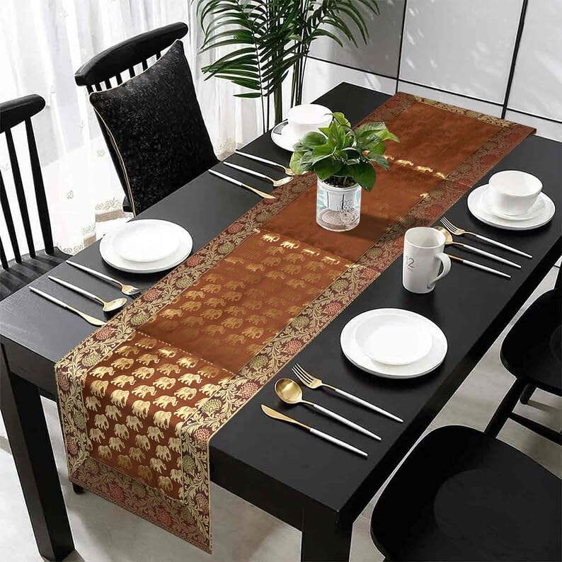 Image of Living Room Decor Handmade Banarasi Silk Table Runner for Center /Dining Table (16 x 60 Inches) (Heavy Zari Brocade ) (Coffee)