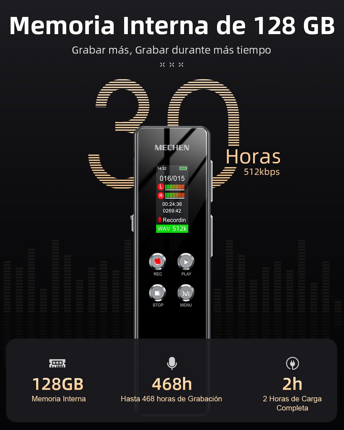 MECHEN V01 - Grabadora de Voz de 128 GB, Grabación con un Solo Toque, Protección con Contraseña, Reducción Automática del Ruido, para Entrevistas, Clases, Reuniones (128, GB)