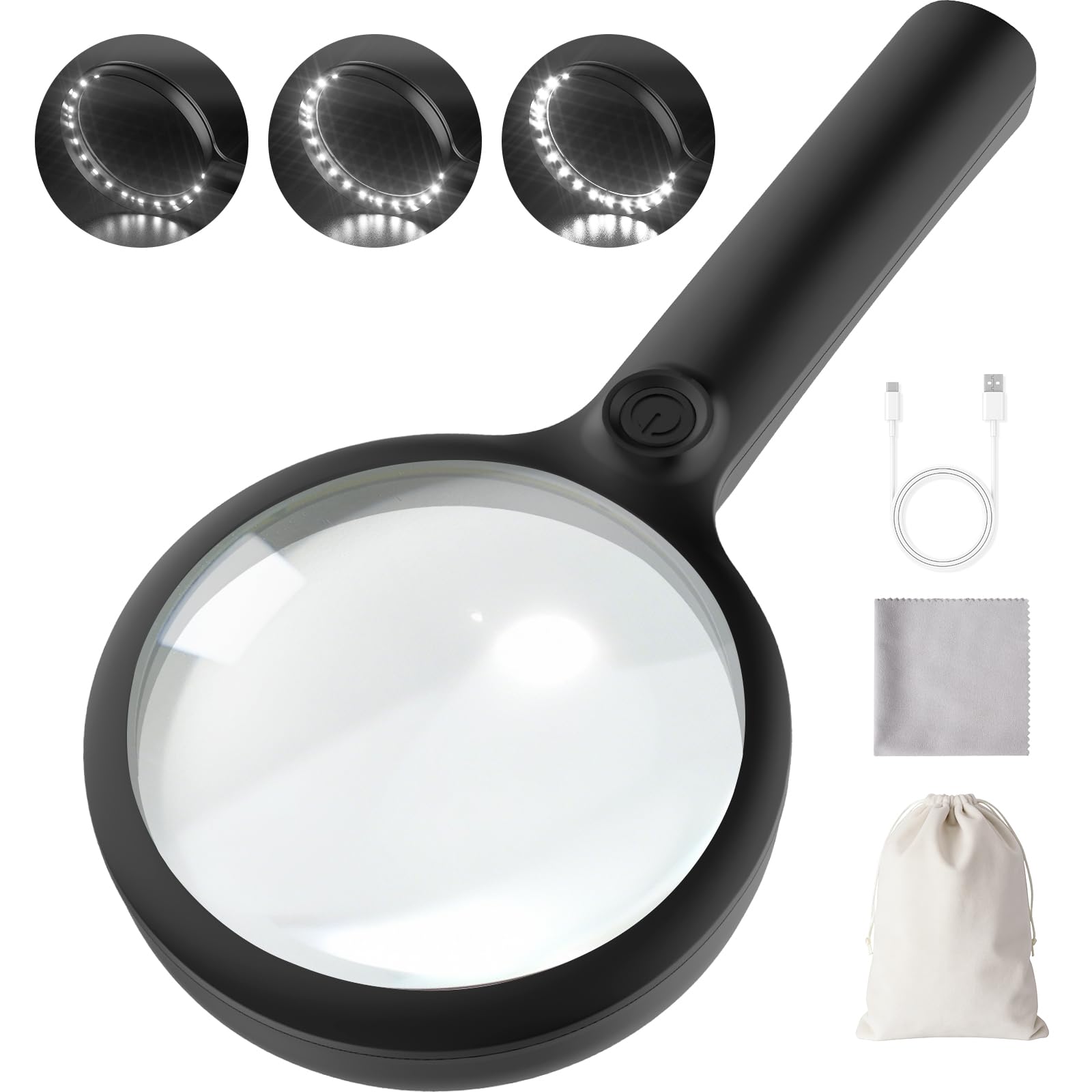 10-fache große Lupe mit Licht, verbesserte 11 cm, beleuchtete Handlupe mit 3 Lichtmodi für Senioren, Lesen, Münzen, Schmuck, Naharbeit, Kinder, Naturerkundung (schwarz)