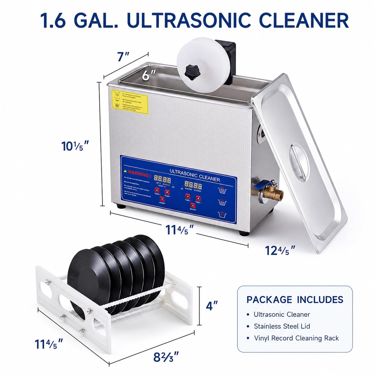 Pulitore a ultrasuoni per dischi in vinile per 8 LP, pulizia a doppia faccia con rotazione automatica, timer da 0 a 30 minuti, rimozione e manutenzione efficienti della polvere per una qualità del
