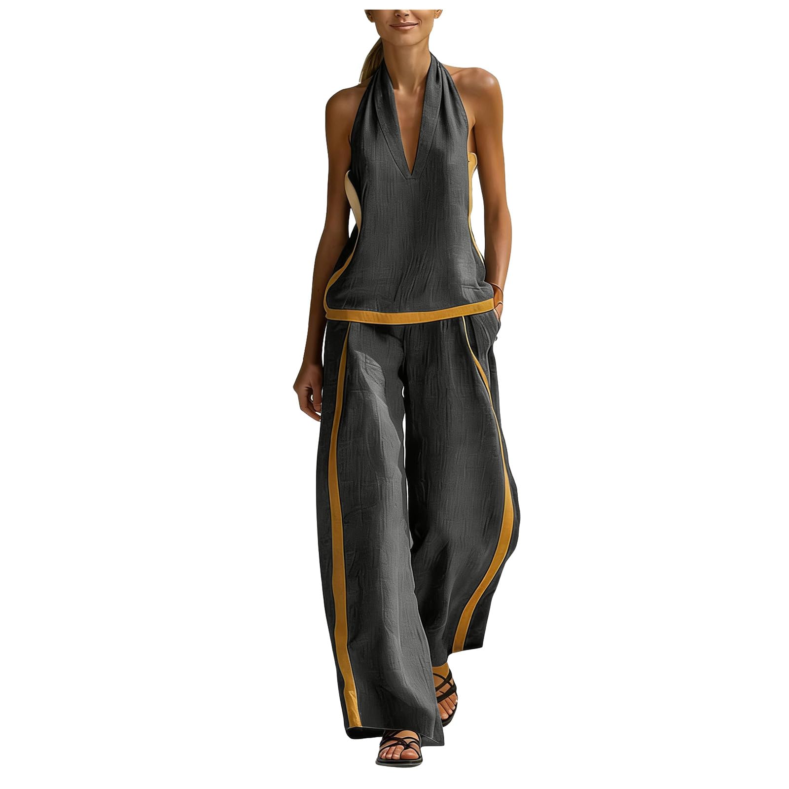 2026Conjunto Mujer Dos Piezas Casual Verano Elegante Lino Y Algodón Conjunto Moda Casual con Cuello en V Ligero y Transpirable Sin Mangas Top Pantalones Sueltos con Bolsillo para Vacaciones