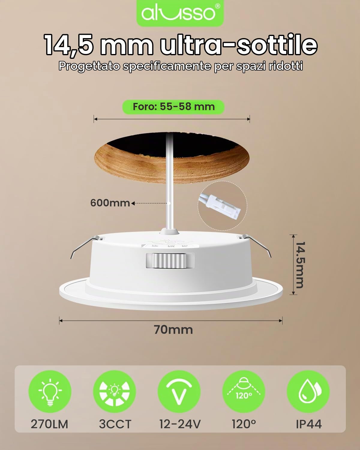 ALUSSO LIGHTING Set di 6 Faretti LED da Incasso, 12V led integrati 4W Cavo di Collegamento da 60 cm,3CCT 3000K Bianco Caldo 4000K Bianca Naturale 6000K Bianca Fredda, Apertura Ø55mm - Ø58mm Bianco
