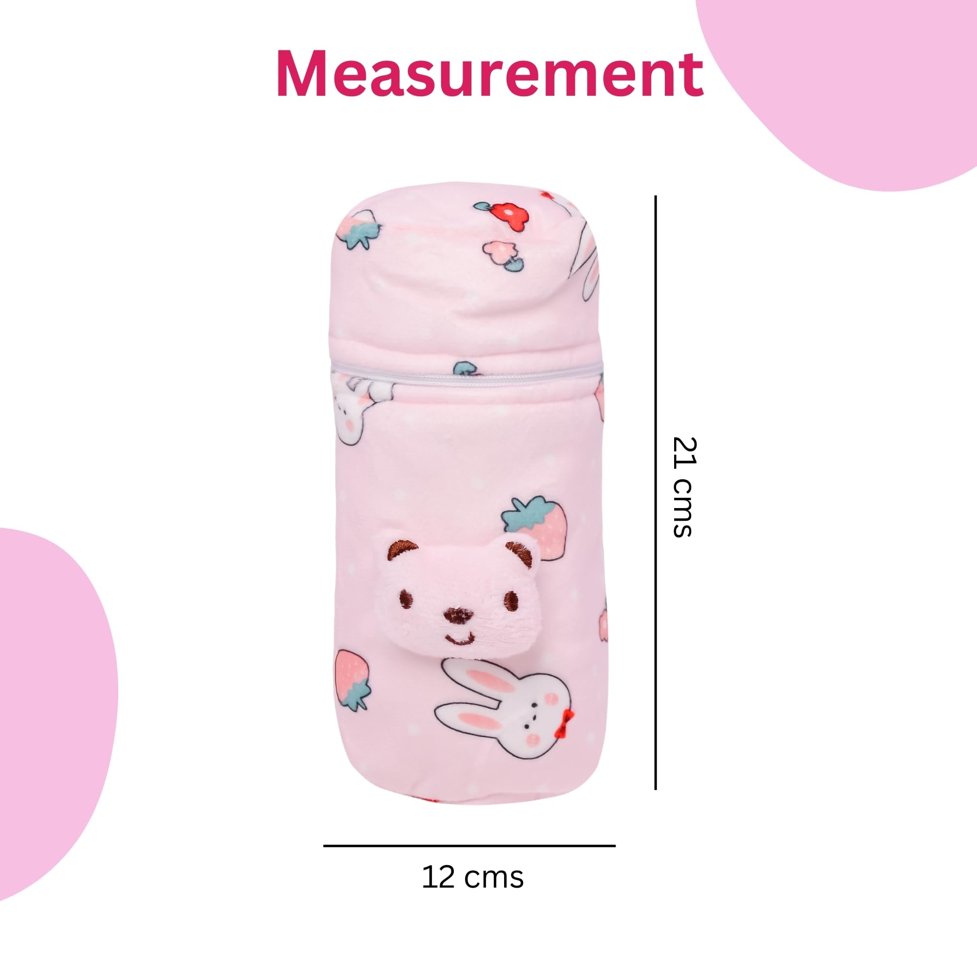 THE LITTLE LOOKERS Soft Plush Stretchable Baby Feeding Bottle Cover with Easy to Hold Strap (Zip Closure 330ml/11oz, Pink & Blue) - Image 5 thumbnail