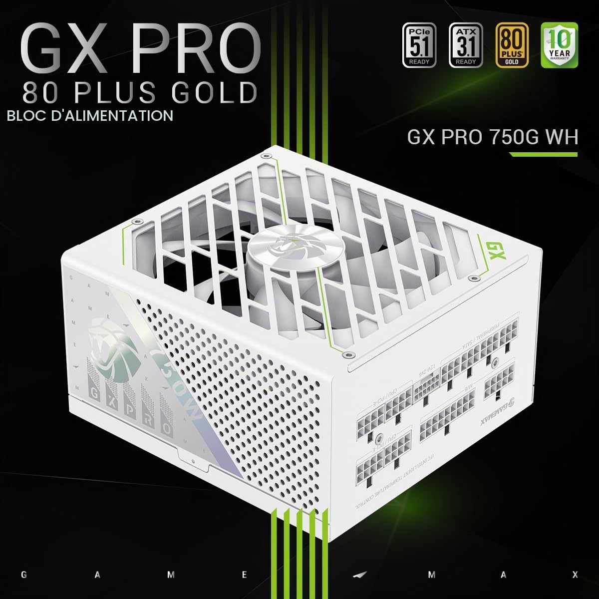 GAMEMAX GXPRO 750G WH Alimentation PC 750W, Totalement Modulaire, ATX 3.1 PCIe 5.1 avec Connexion 12V-2×6, 80 Plus Gold, Condensateurs Japonais 105°C, 7 Mécanismes de Protection, Garantie 10 Ans